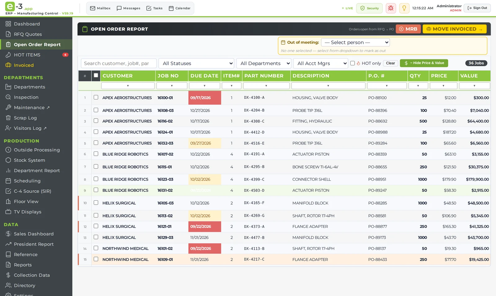 E-3 Open Order Report with customer, job, due date, part number, PO, quantity and live status