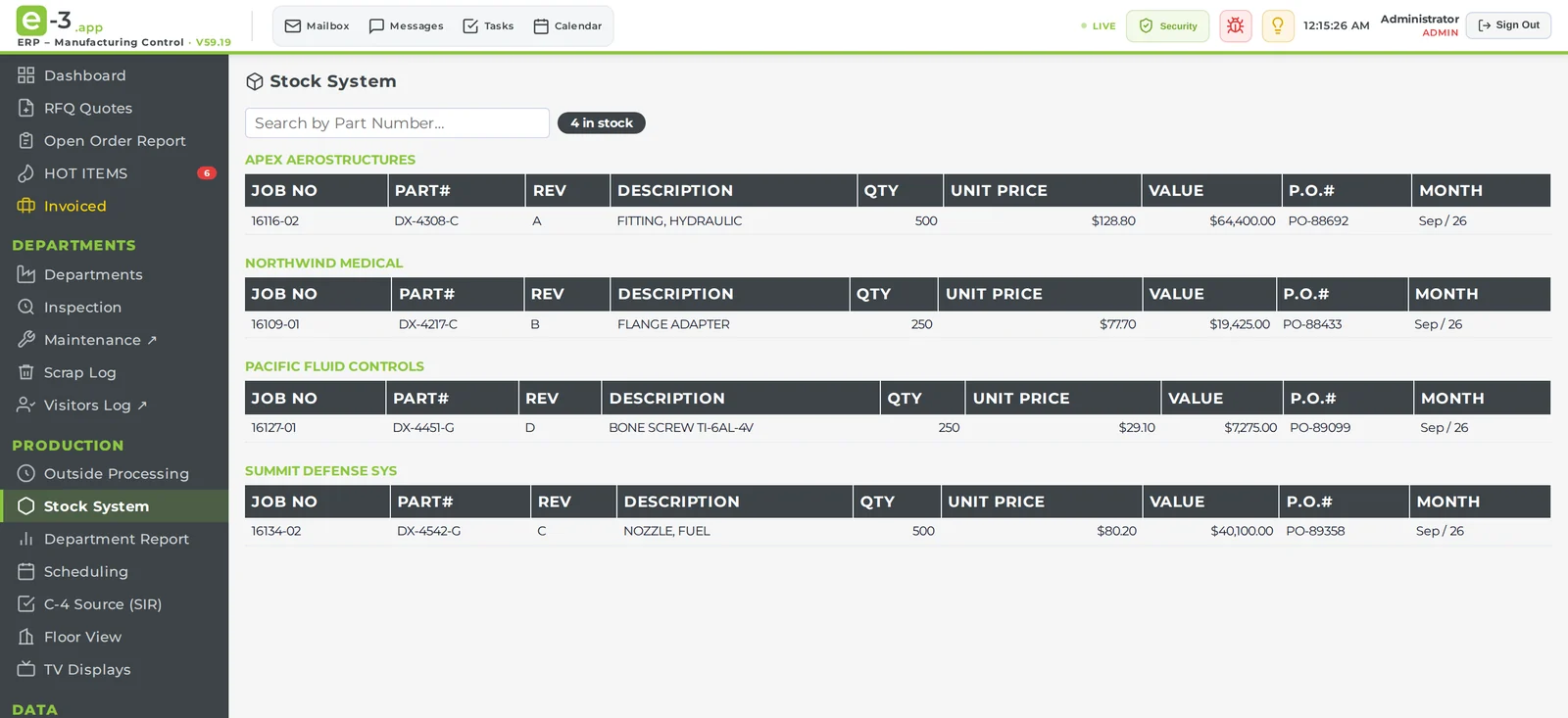 E-3 Stock System listing parts on the shelf by customer and part number