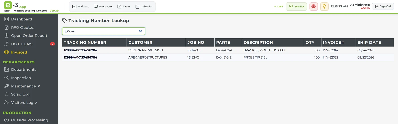 E-3 tracking number lookup by part number